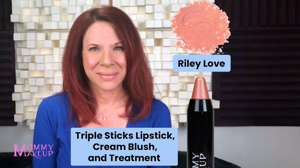 Triple Sticks Lipstick in Riley Love, creamy coral shade with shimmer, highlighting lips and cheeks, all-in-one treatment stick