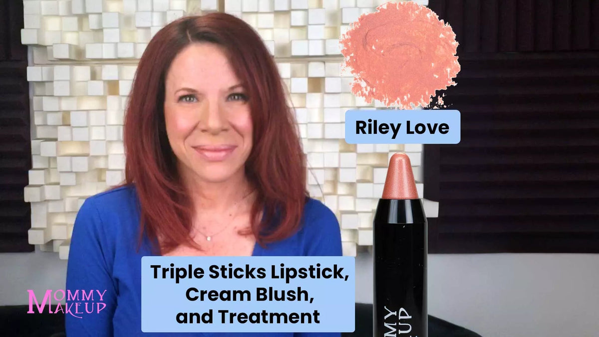 Triple Sticks Lipstick in Riley Love, creamy coral shade with shimmer, highlighting lips and cheeks, all-in-one treatment stick