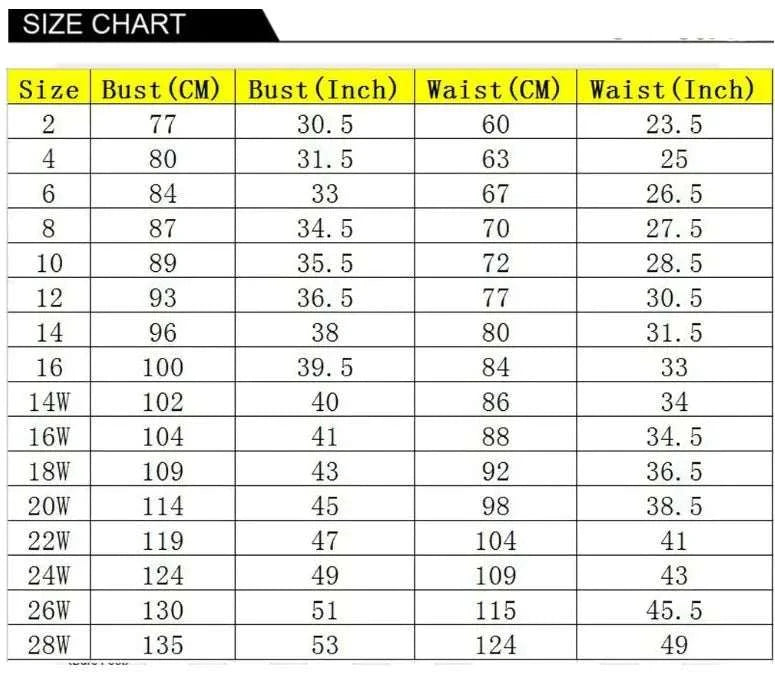 size chart for Regal Sparkle Ball Gown bridal dress showing bust and waist measurements in centimeters and inches for sizes 2 to 28W