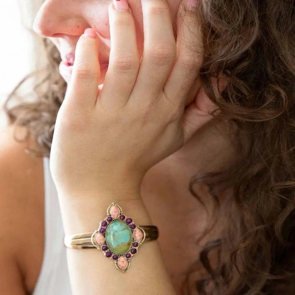 Regalia Blue Turquoise Purple and Orange Coral Golden Cuff Bracelet - Maven Couture IncBracelets