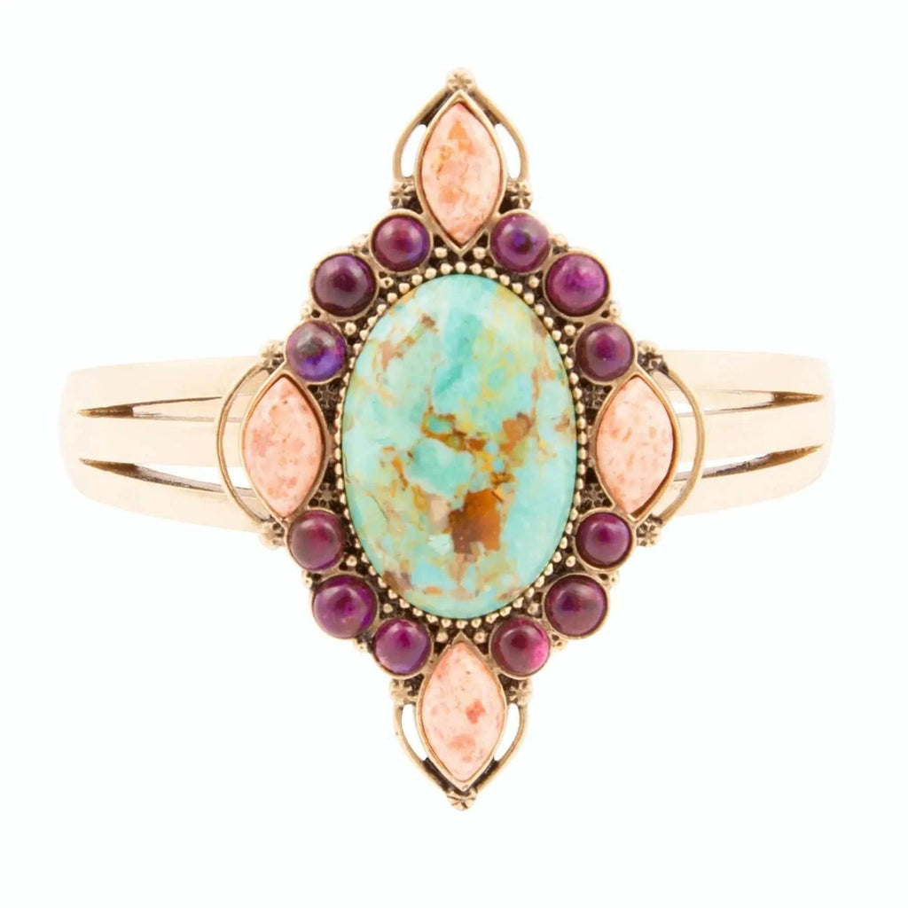 Regalia Blue Turquoise Purple and Orange Coral Golden Cuff Bracelet - Maven Couture IncBracelets