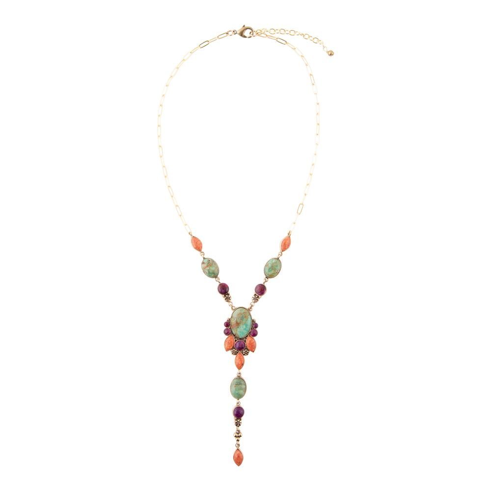 Regalia Blue Turquoise Purple and Orange Coral Golden Y Necklace - Maven Couture IncNecklaces