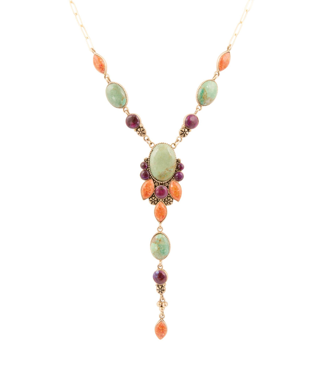Regalia Blue Turquoise Purple and Orange Coral Golden Y Necklace - Maven Couture IncNecklaces
