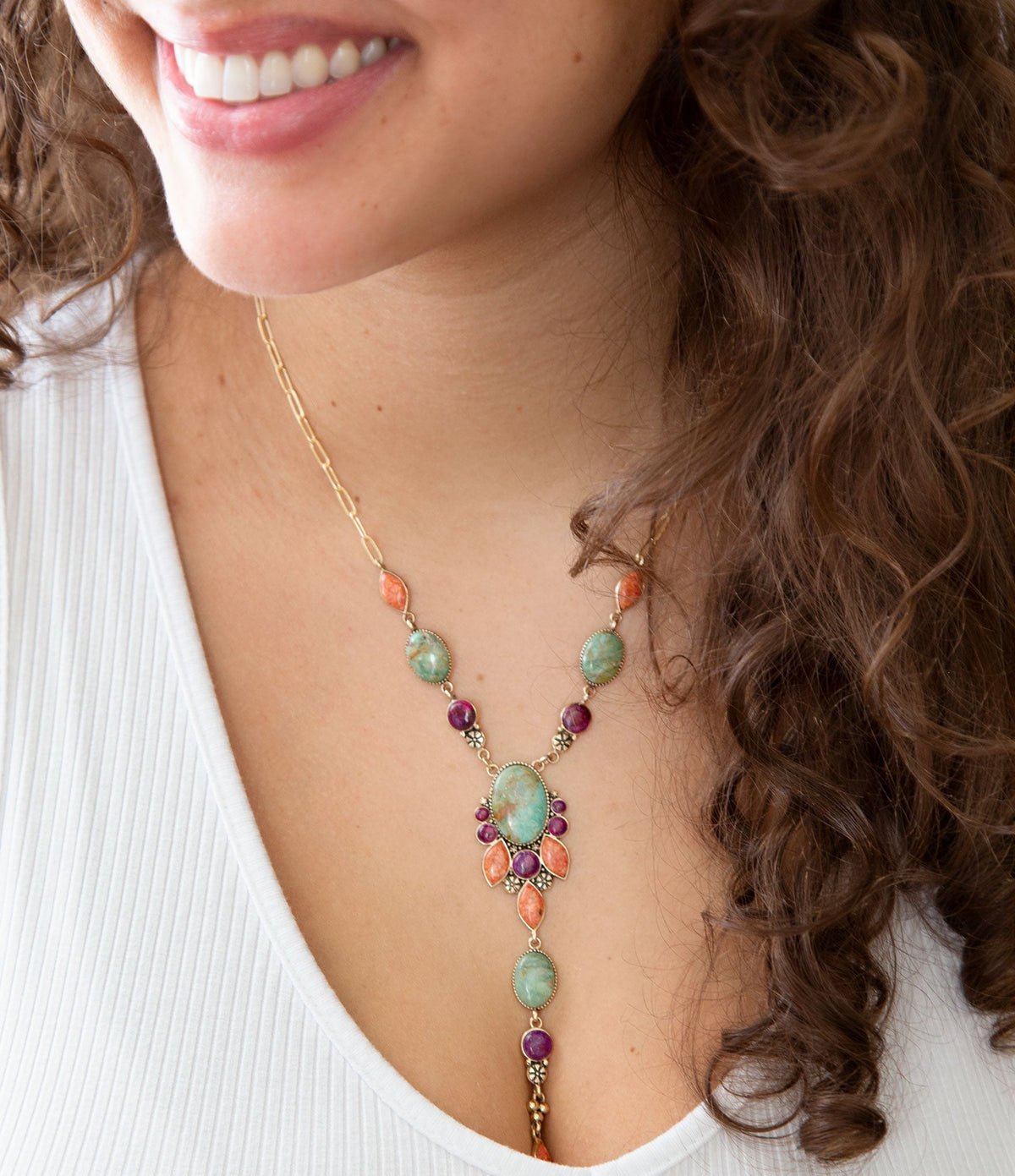Regalia Blue Turquoise Purple and Orange Coral Golden Y Necklace - Maven Couture IncNecklaces