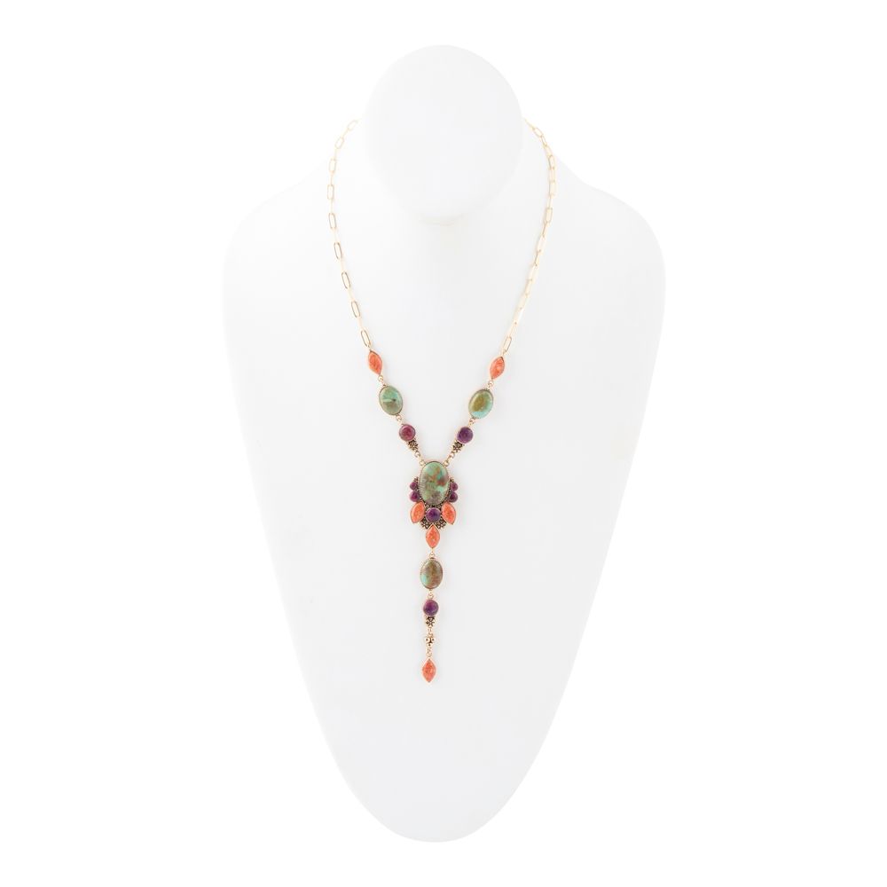 Regalia Blue Turquoise Purple and Orange Coral Golden Y Necklace - Maven Couture IncNecklaces