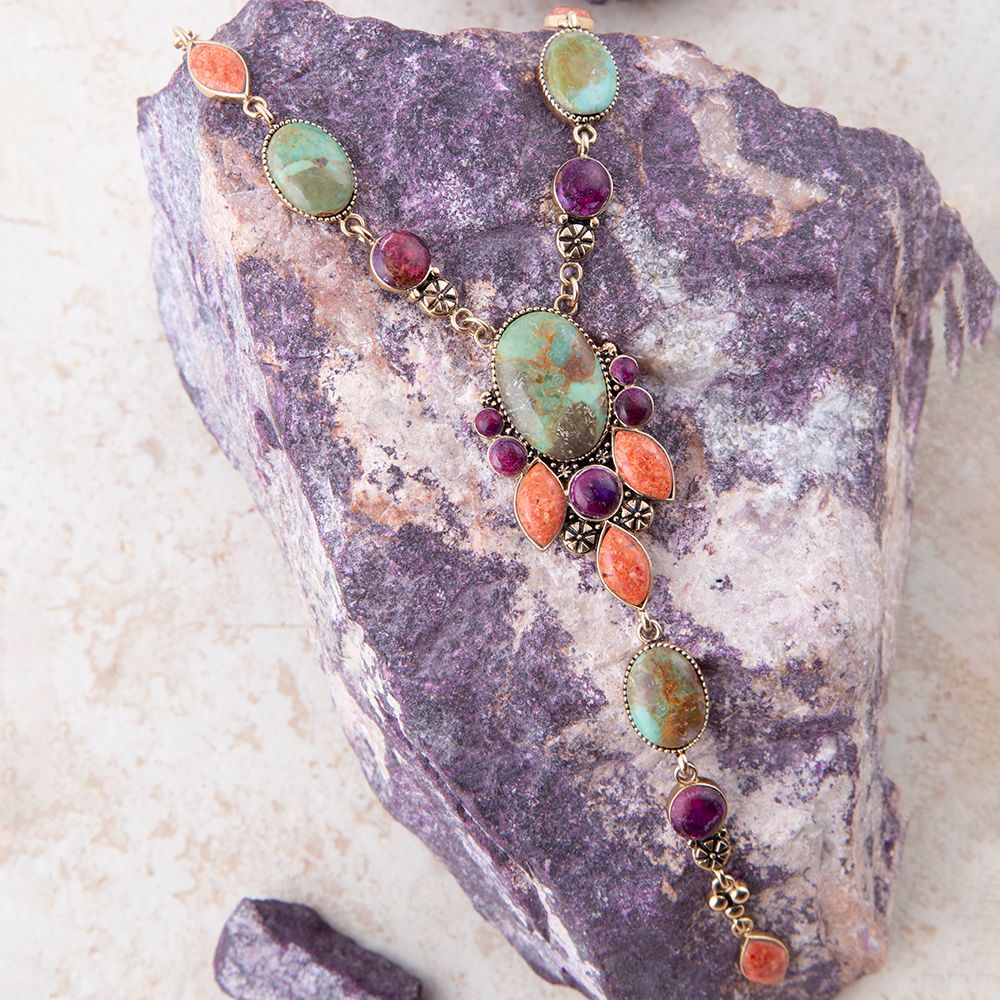 Regalia Blue Turquoise Purple and Orange Coral Golden Y Necklace - Maven Couture IncNecklaces