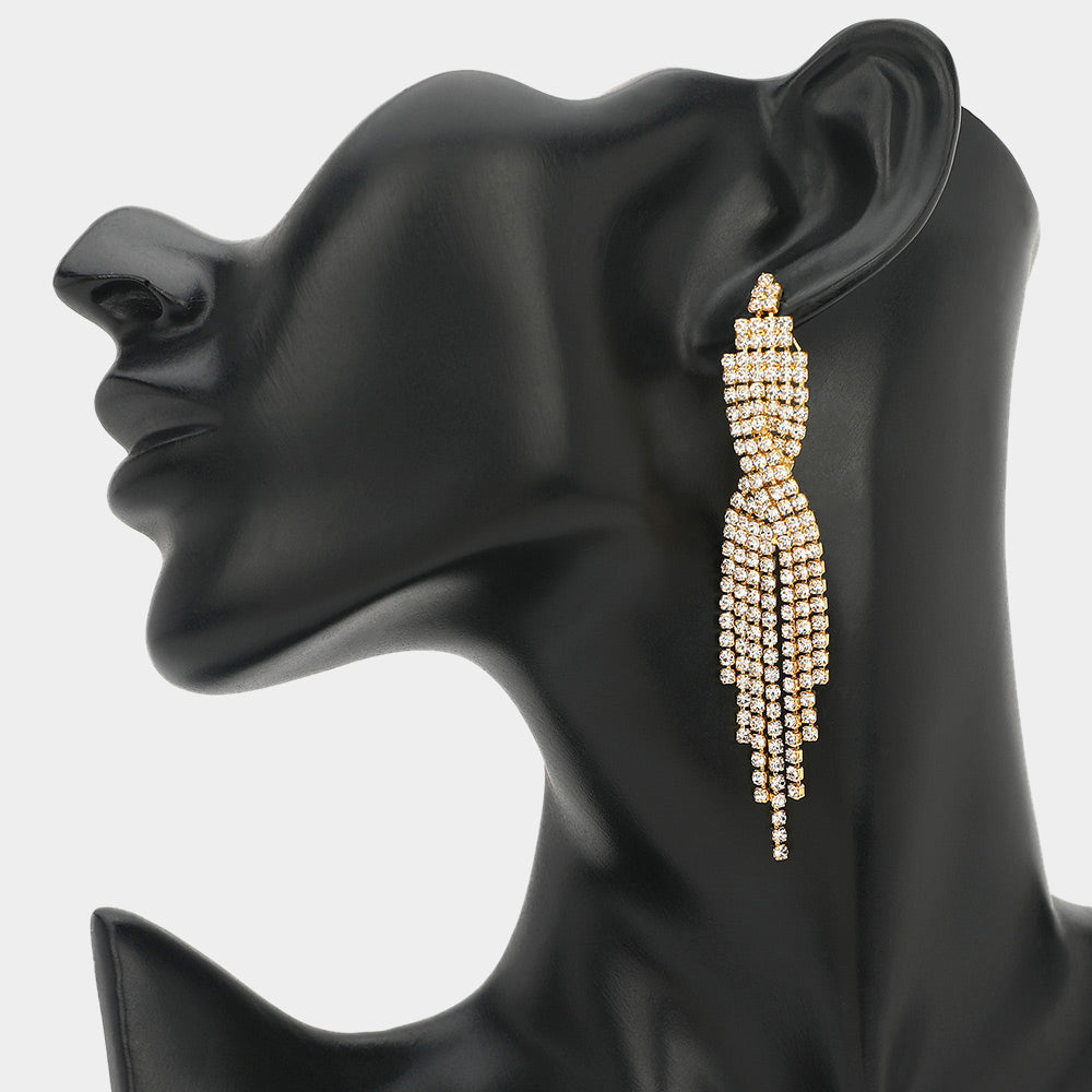 Rhinestone Tassel Drop Earrings in gold with sparkling clear rhinestones and cascading tassel design on black mannequin