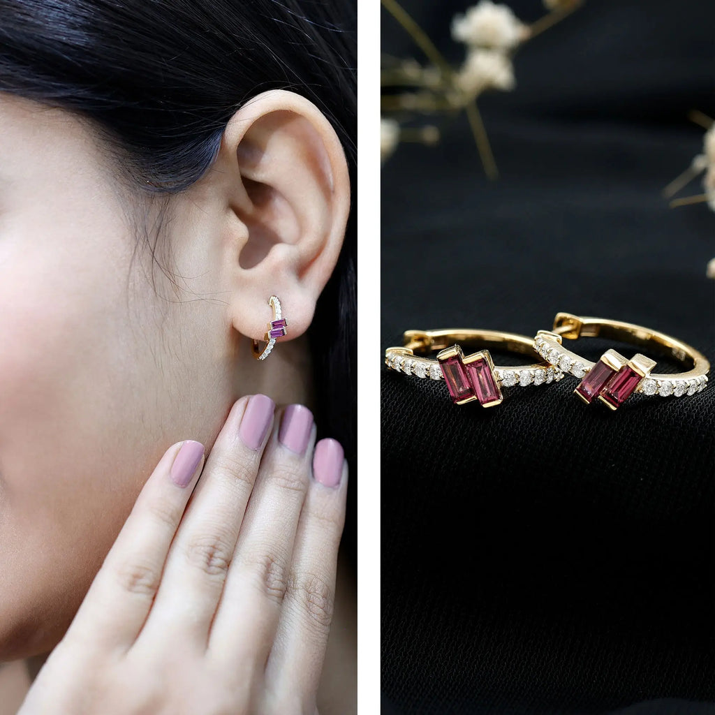 Rhodolite Garnet and Diamond Hoop Earrings in Gold Plated Silver