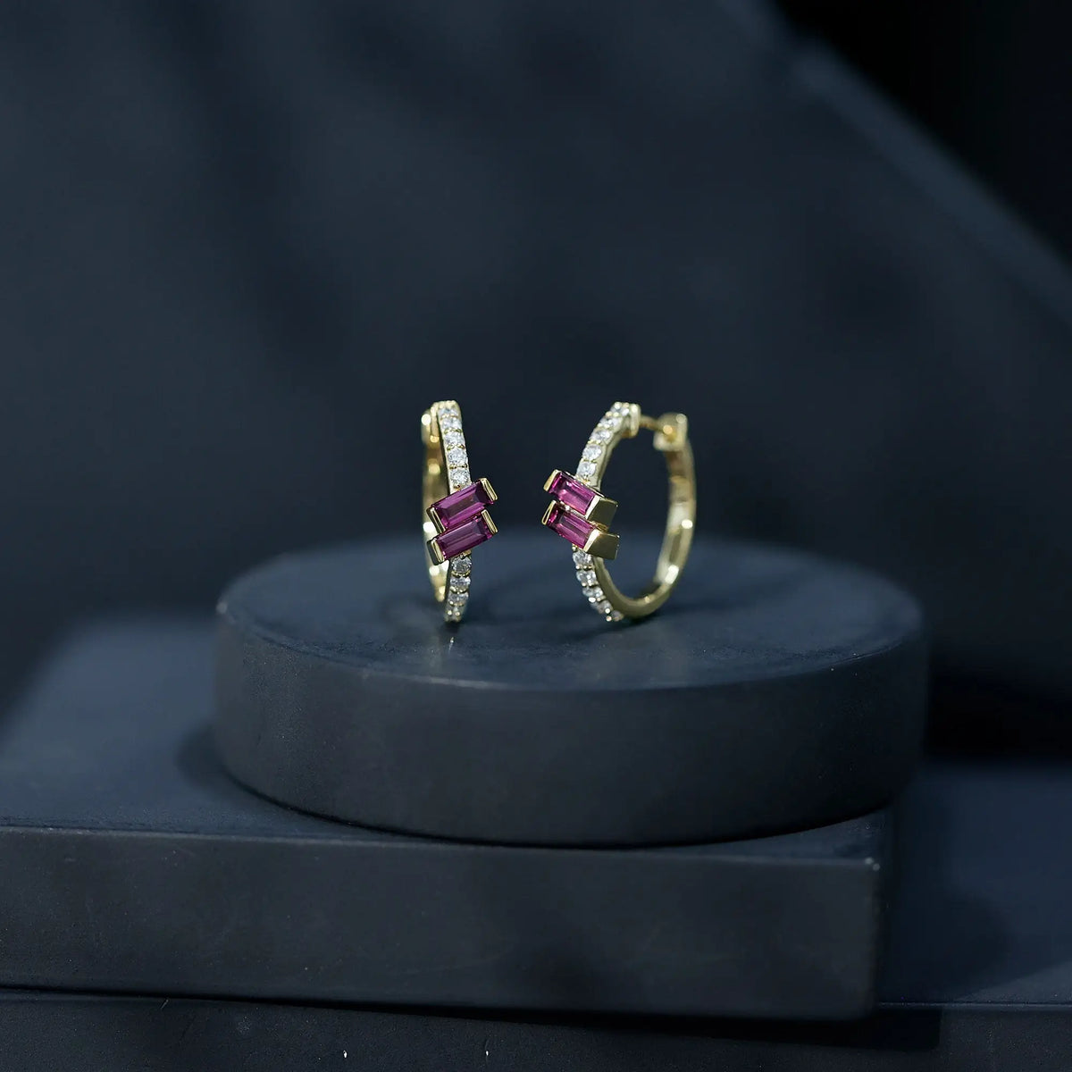 Rhodolite Garnet and Diamond Hoop Earrings in Gold Plated Silver