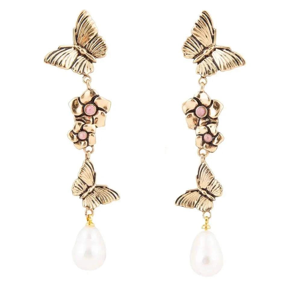 Rhodonite and White Pearl Golden Butterflies Post Drop Earrings - Maven Couture IncEarrings