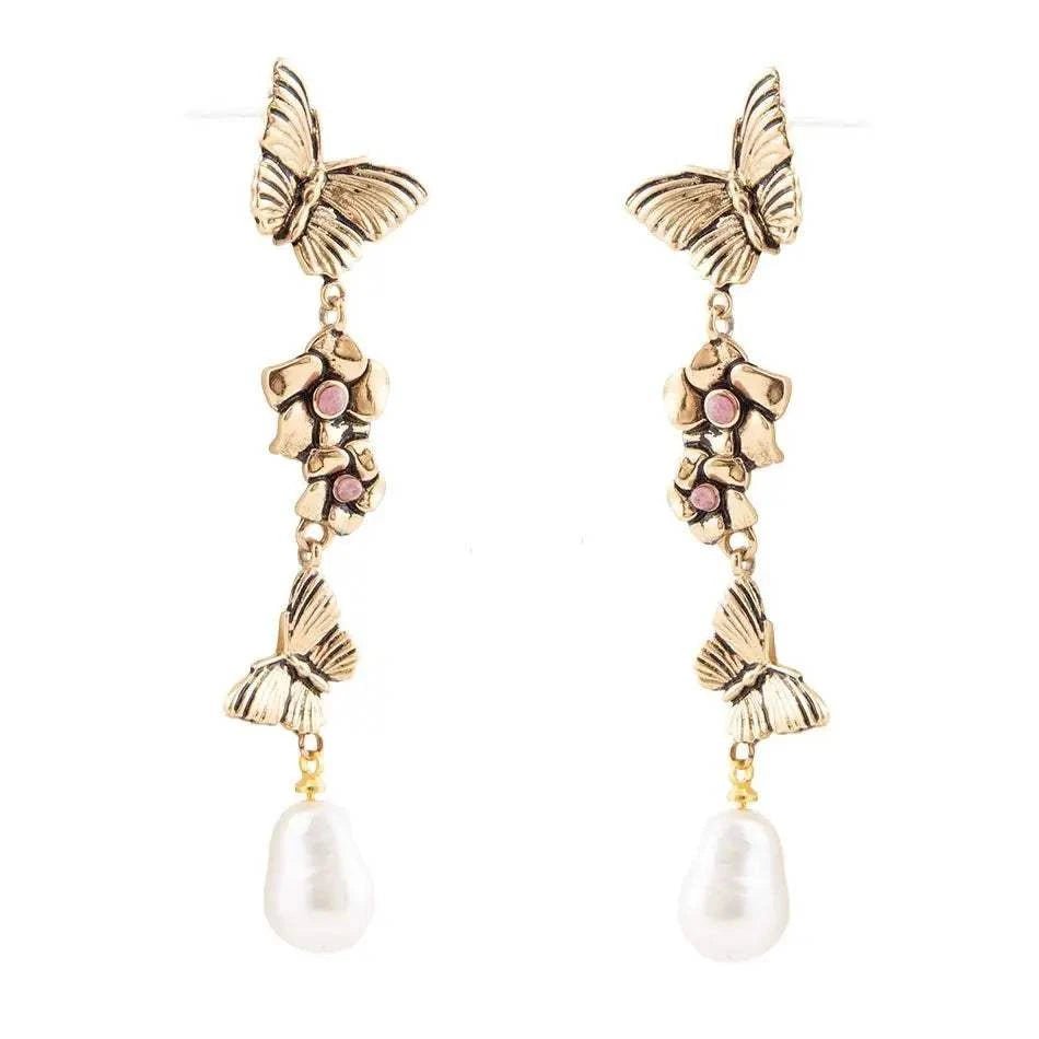 Rhodonite and White Pearl Golden Butterflies Post Drop Earrings - Maven Couture IncEarrings