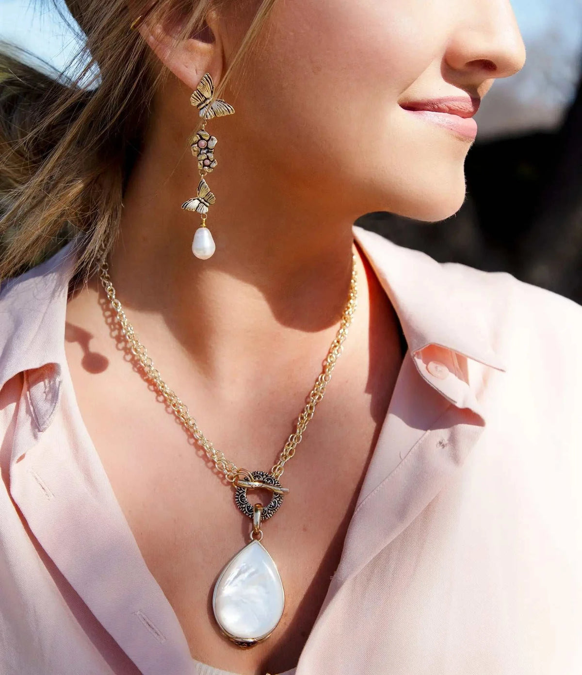 Rhodonite and White Pearl Golden Butterflies Post Drop Earrings - Maven Couture IncEarrings