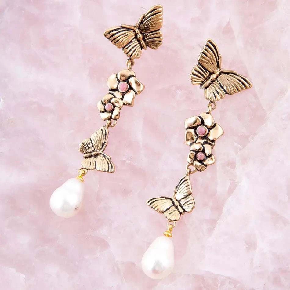 Rhodonite and White Pearl Golden Butterflies Post Drop Earrings - Maven Couture IncEarrings
