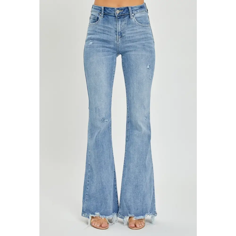 Risen high rise frayed hem flare jeans in luxury fashion for women $66.99 introducing the high rise frayed hem flare