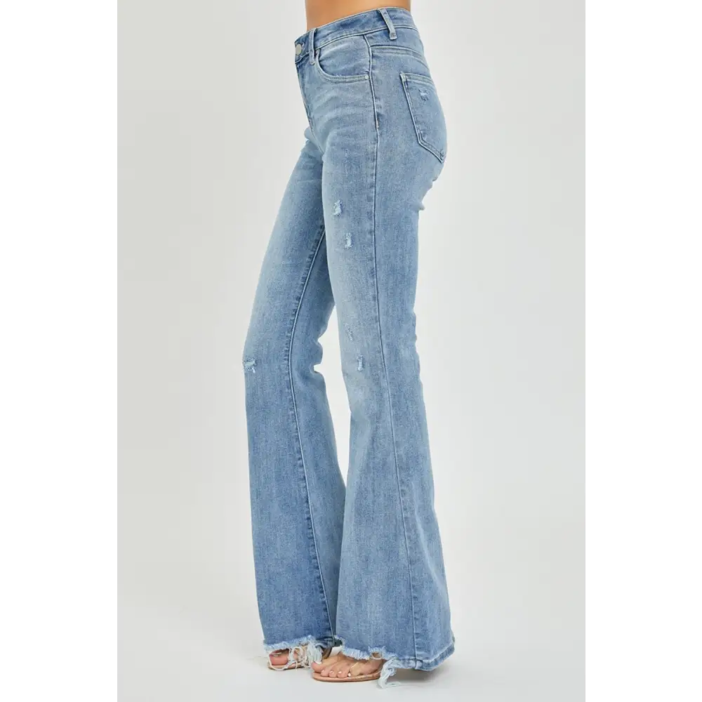 Risen high rise frayed hem flare jeans in luxury fashion for women $66.99 introducing the high rise frayed hem flare