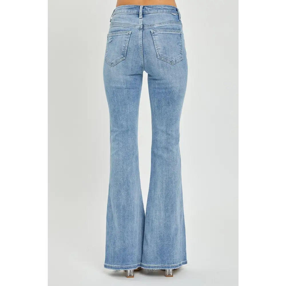 Risen high rise frayed hem flare jeans in luxury fashion for women $66.99 introducing the high rise frayed hem flare