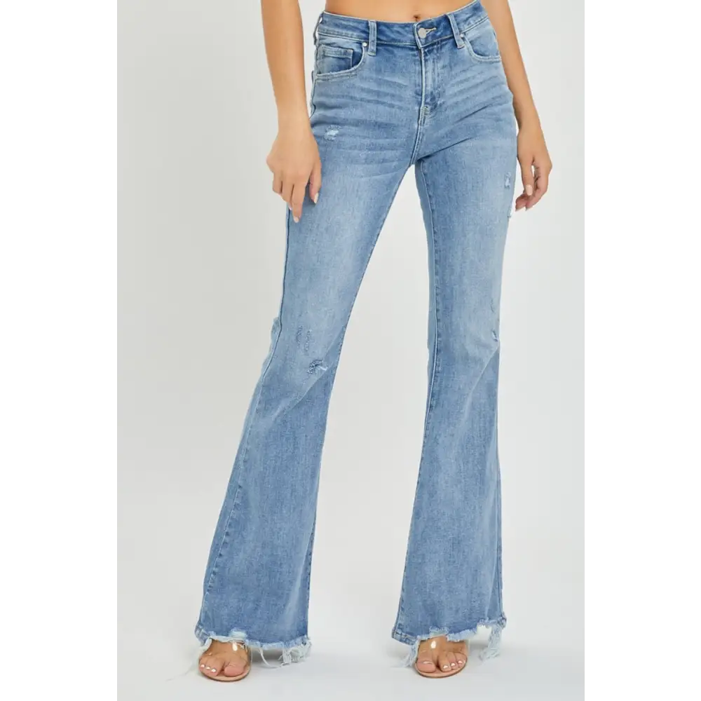 Risen high rise frayed hem flare jeans in luxury fashion for women $66.99 introducing the high rise frayed hem flare