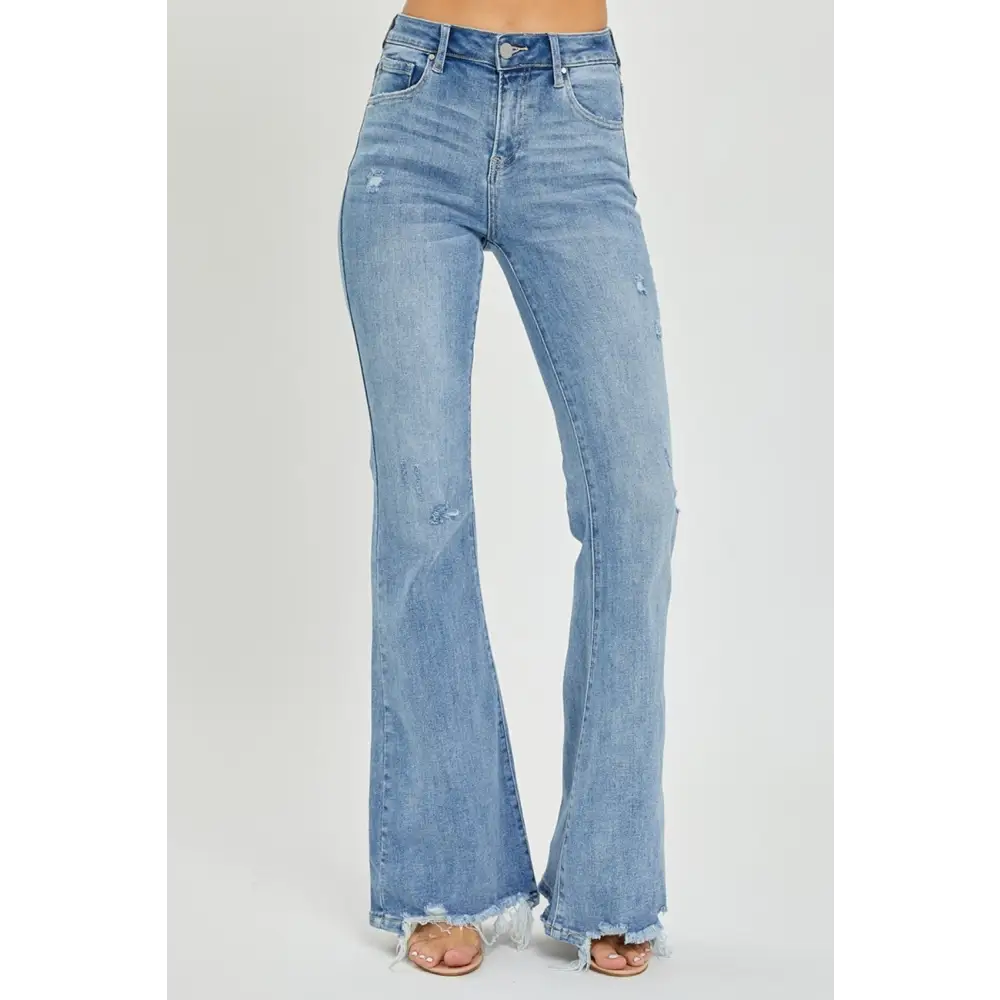 Risen high rise frayed hem flare jeans in luxury fashion for women $66.99 introducing the high rise frayed hem flare