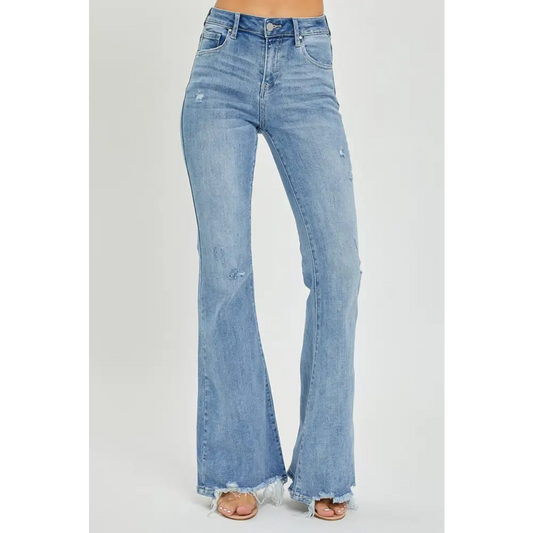 Risen high rise frayed hem flare jeans in luxury fashion for women $66.99 introducing the high rise frayed hem flare