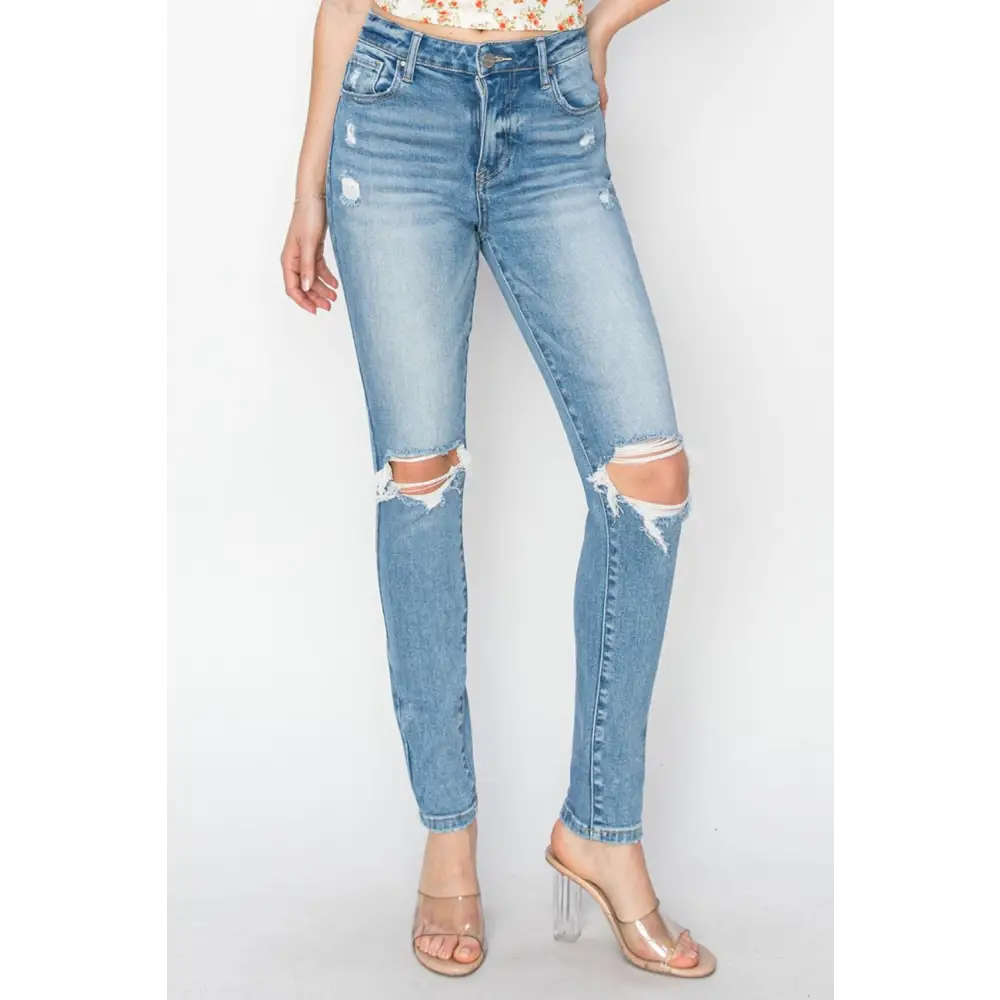 Risen high rise knee distressed skinny jeans in luxury fashion for women $62.99 the high rise knee distressed skinny