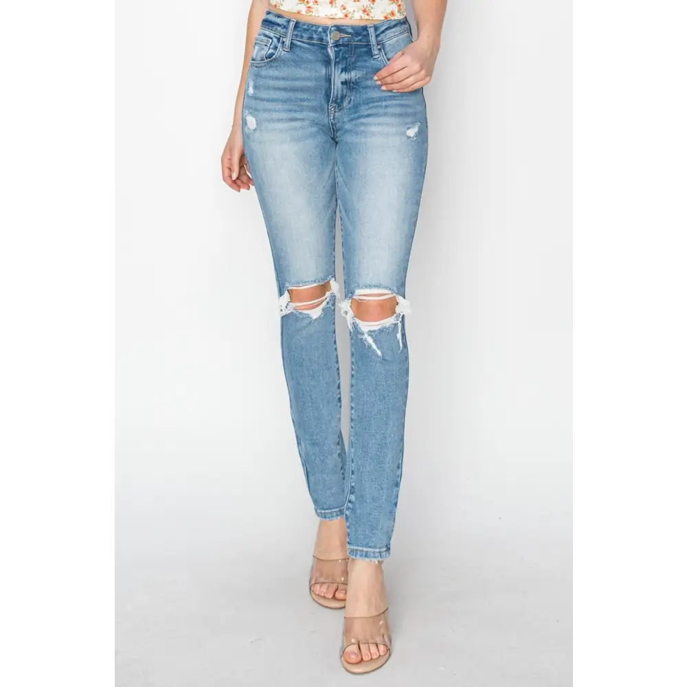 Risen high rise knee distressed skinny jeans in luxury fashion for women $62.99 the high rise knee distressed skinny