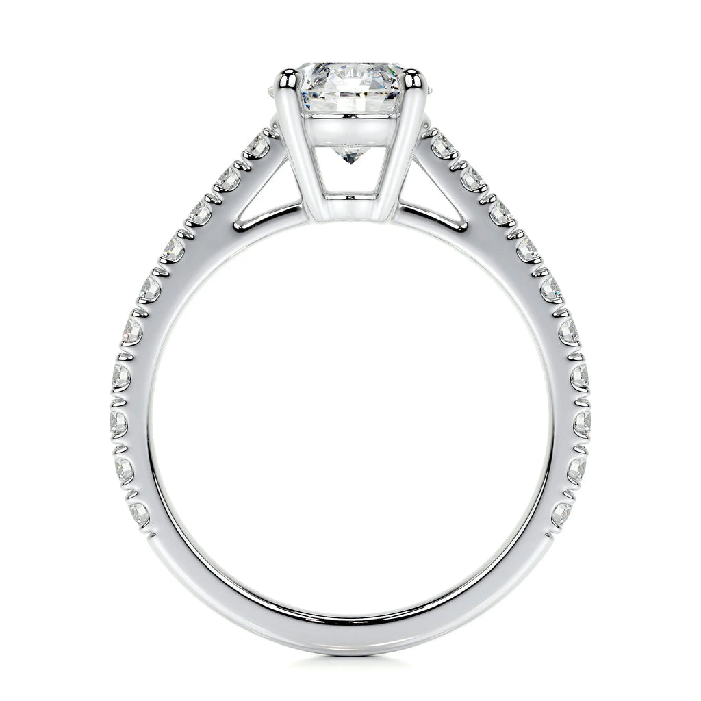 Round Brilliant Diamond engagement ring in polished 14K white gold with channel-set smaller diamonds along the band