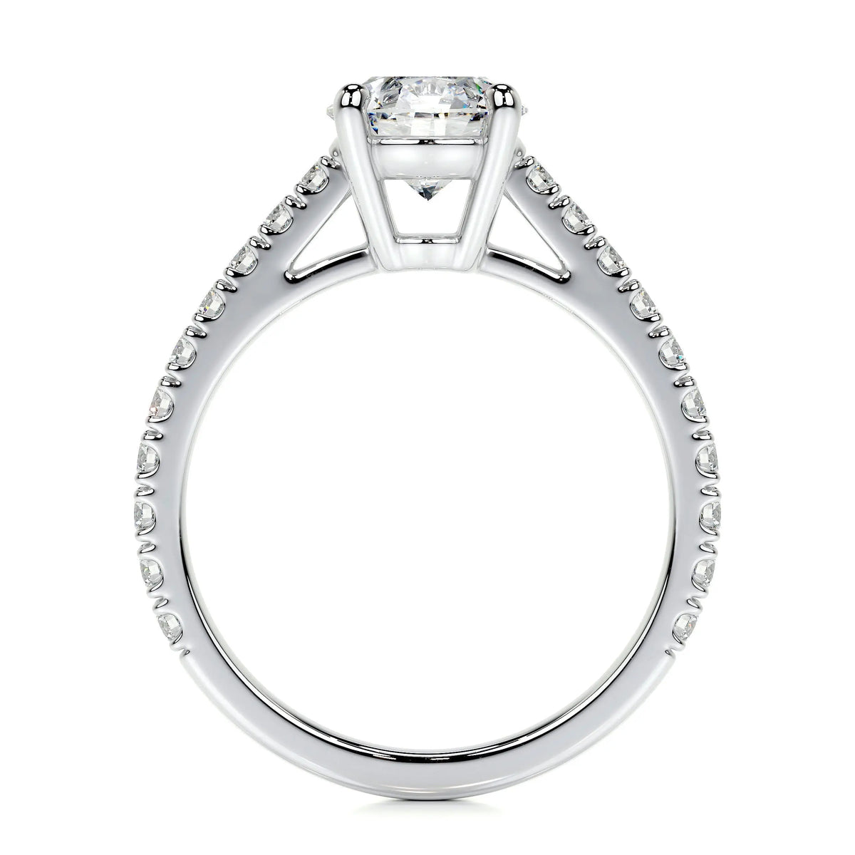 Round Brilliant Diamond engagement ring in polished 14K white gold with channel-set smaller diamonds along the band