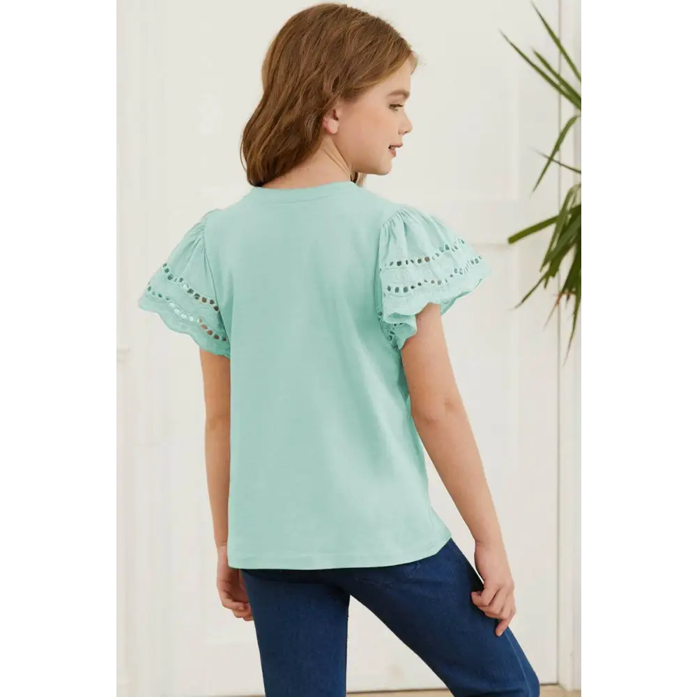 Elevate your wardrobe with luxury fashion for women flutter sleeve t-shirt $22 no pattern solid casual eyelet detailing