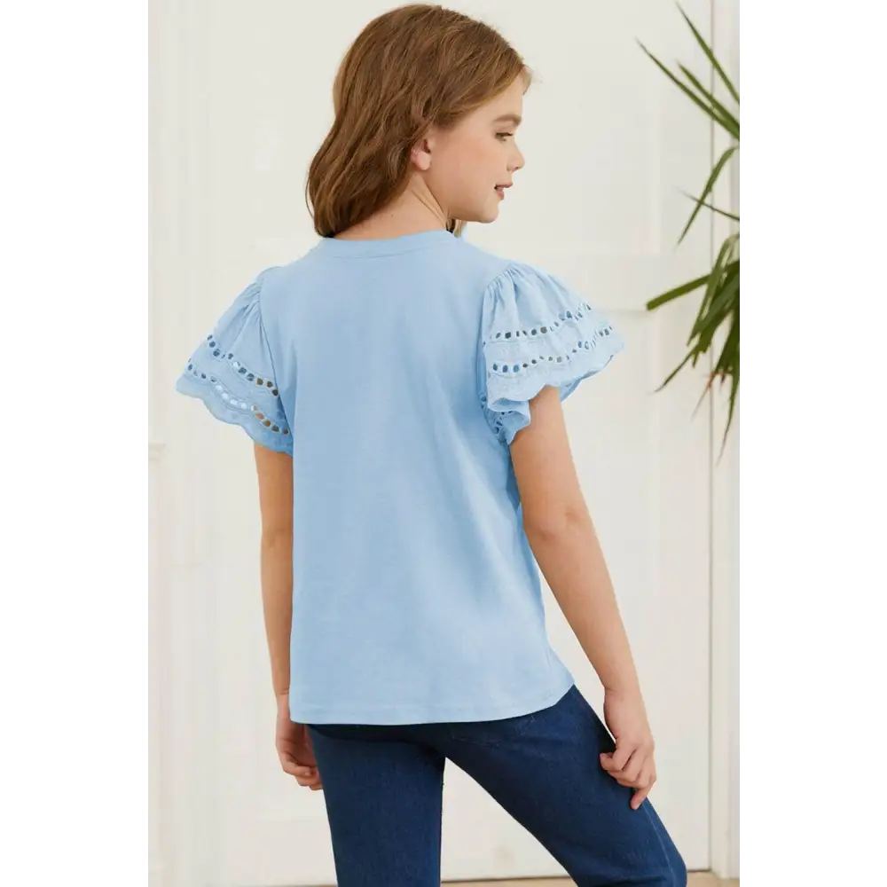 Elevate your wardrobe with luxury fashion for women flutter sleeve t-shirt $22 no pattern solid casual eyelet detailing