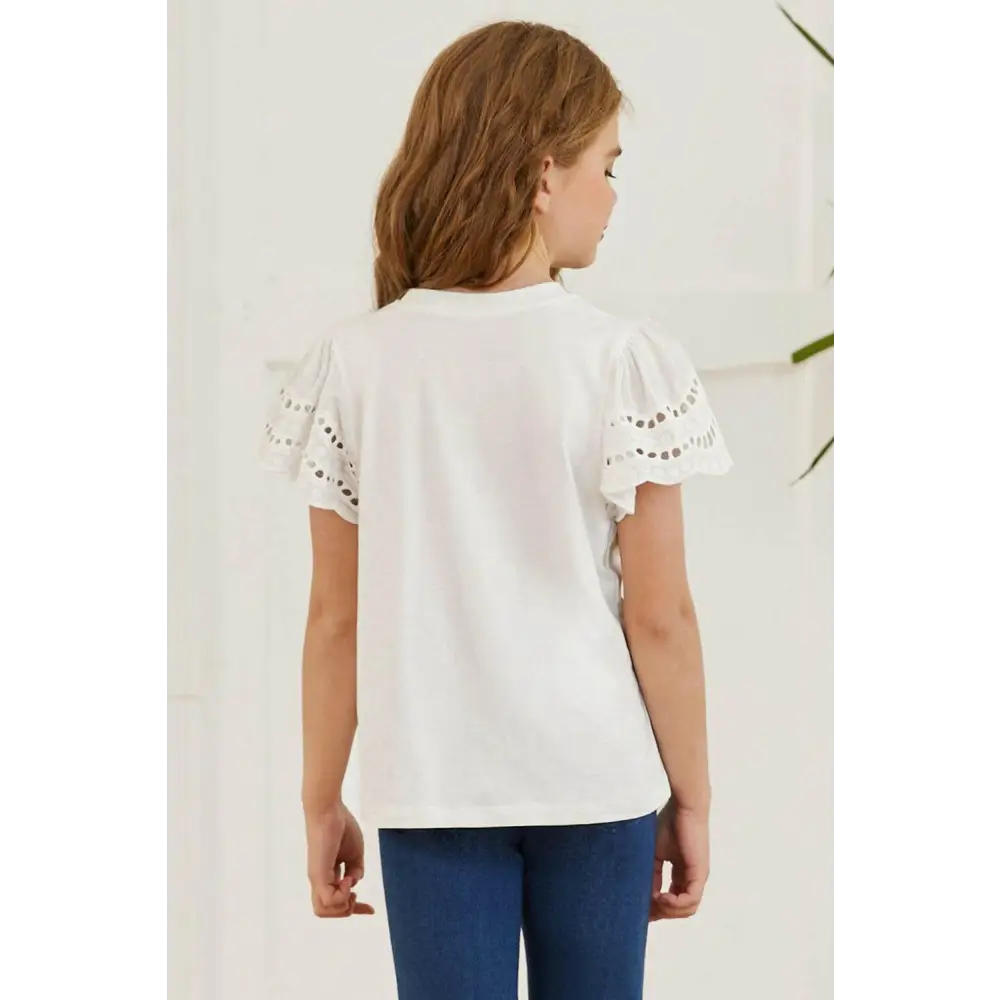 Elevate your wardrobe with luxury fashion for women flutter sleeve t-shirt $22 no pattern solid casual eyelet detailing