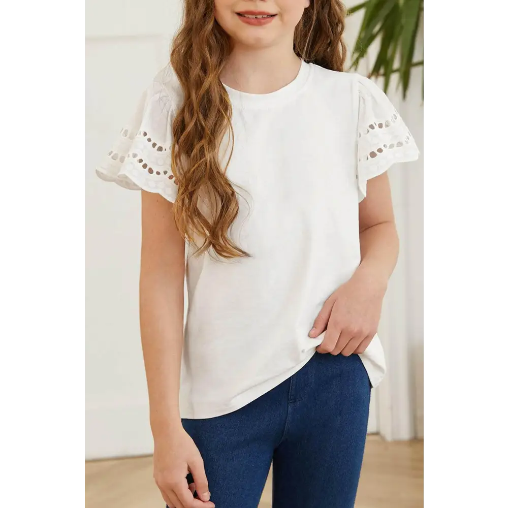 Elevate your wardrobe with luxury fashion for women flutter sleeve t-shirt $22 no pattern solid casual eyelet detailing