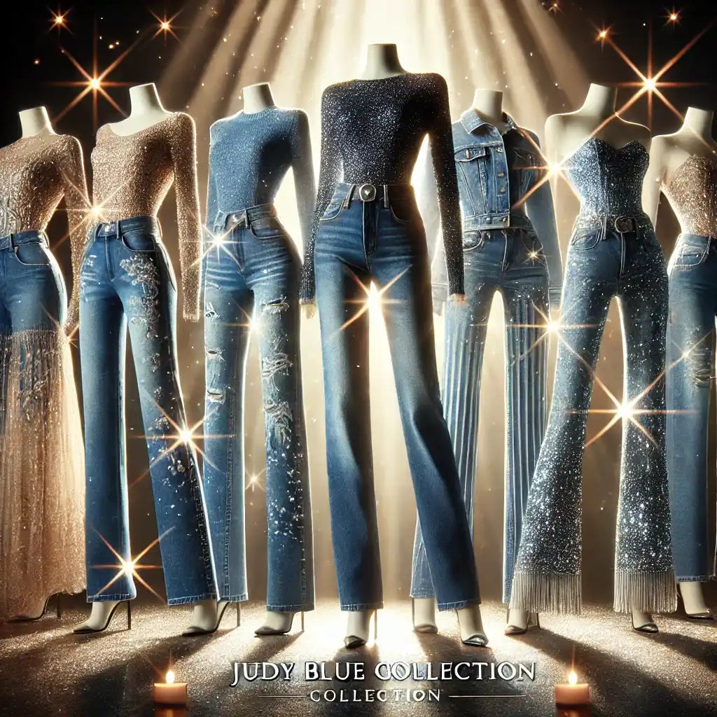 Row of mannequins wearing denim jeans and various tops in a glamorous fashion display.