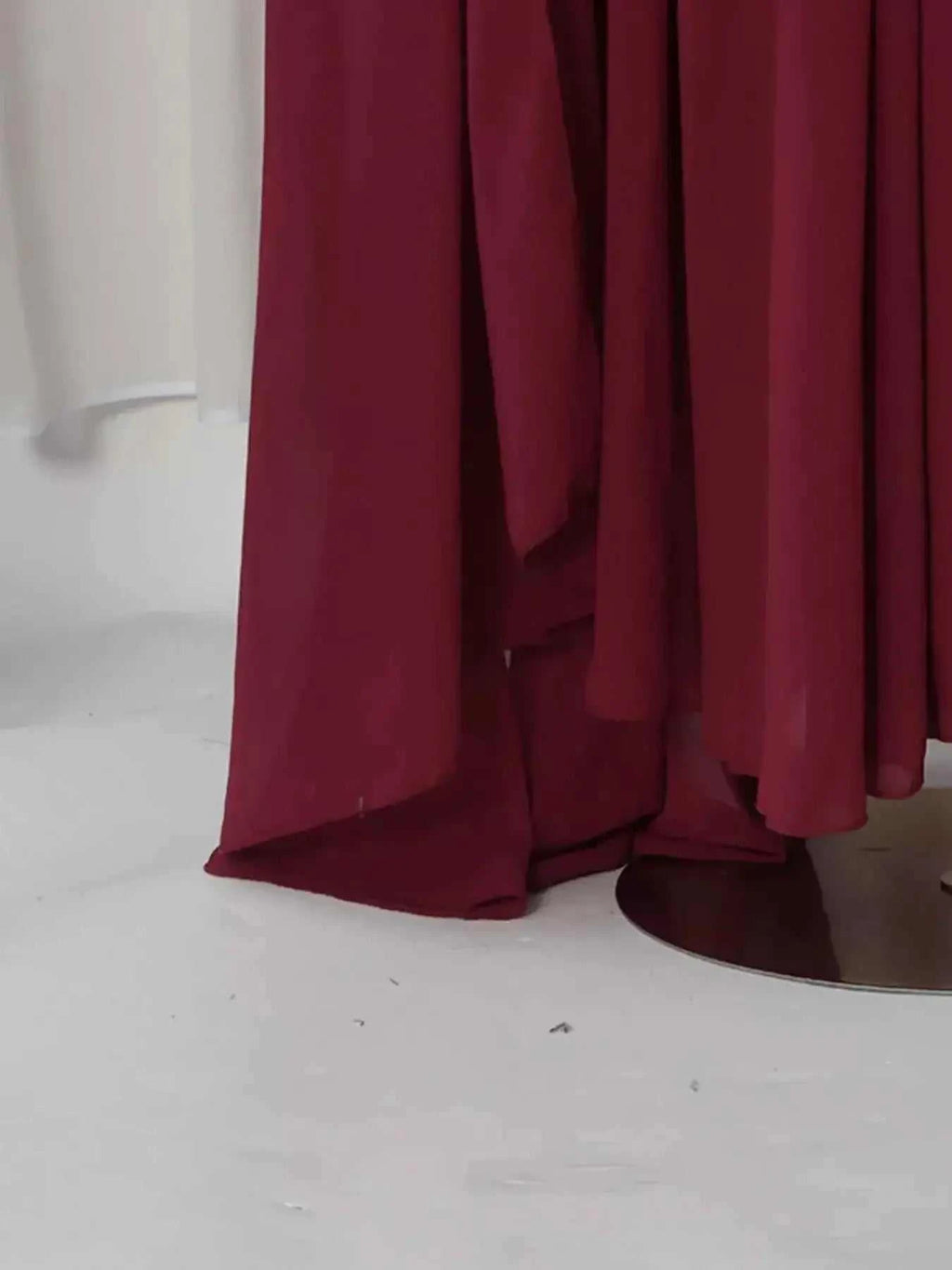 Ruched Halter Neck burgundy polyester cape maxi dress with asymmetrical hem and slight stretch fabric detail