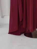 Ruched Halter Neck burgundy polyester cape maxi dress with asymmetrical hem and slight stretch fabric detail