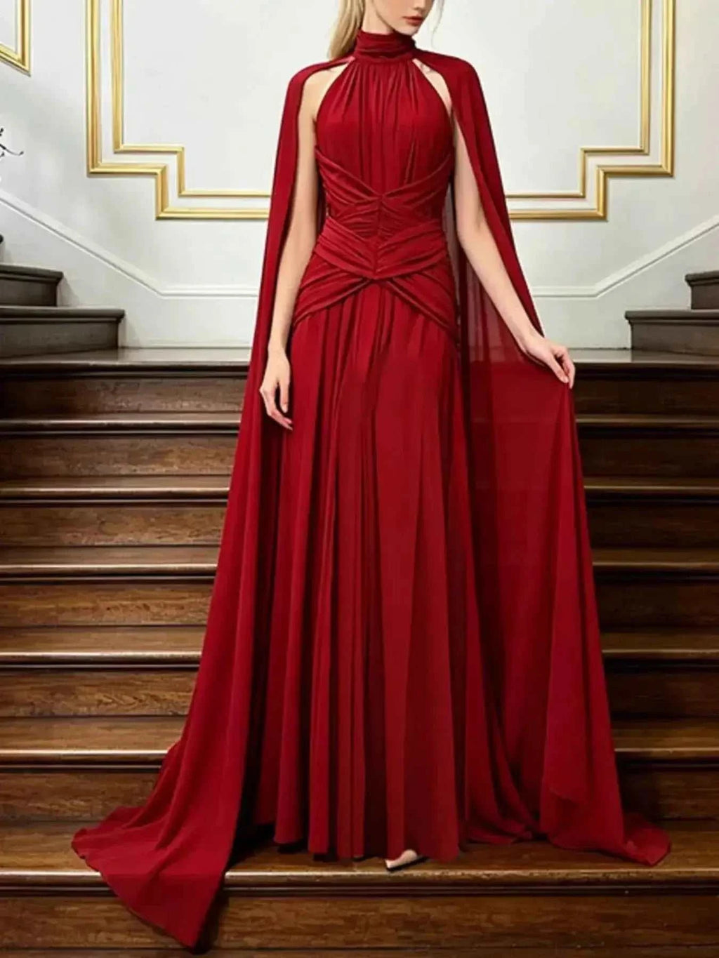 Ruched Halter Neck red cape maxi dress with asymmetrical design and gathered waist detail in polyester fabric