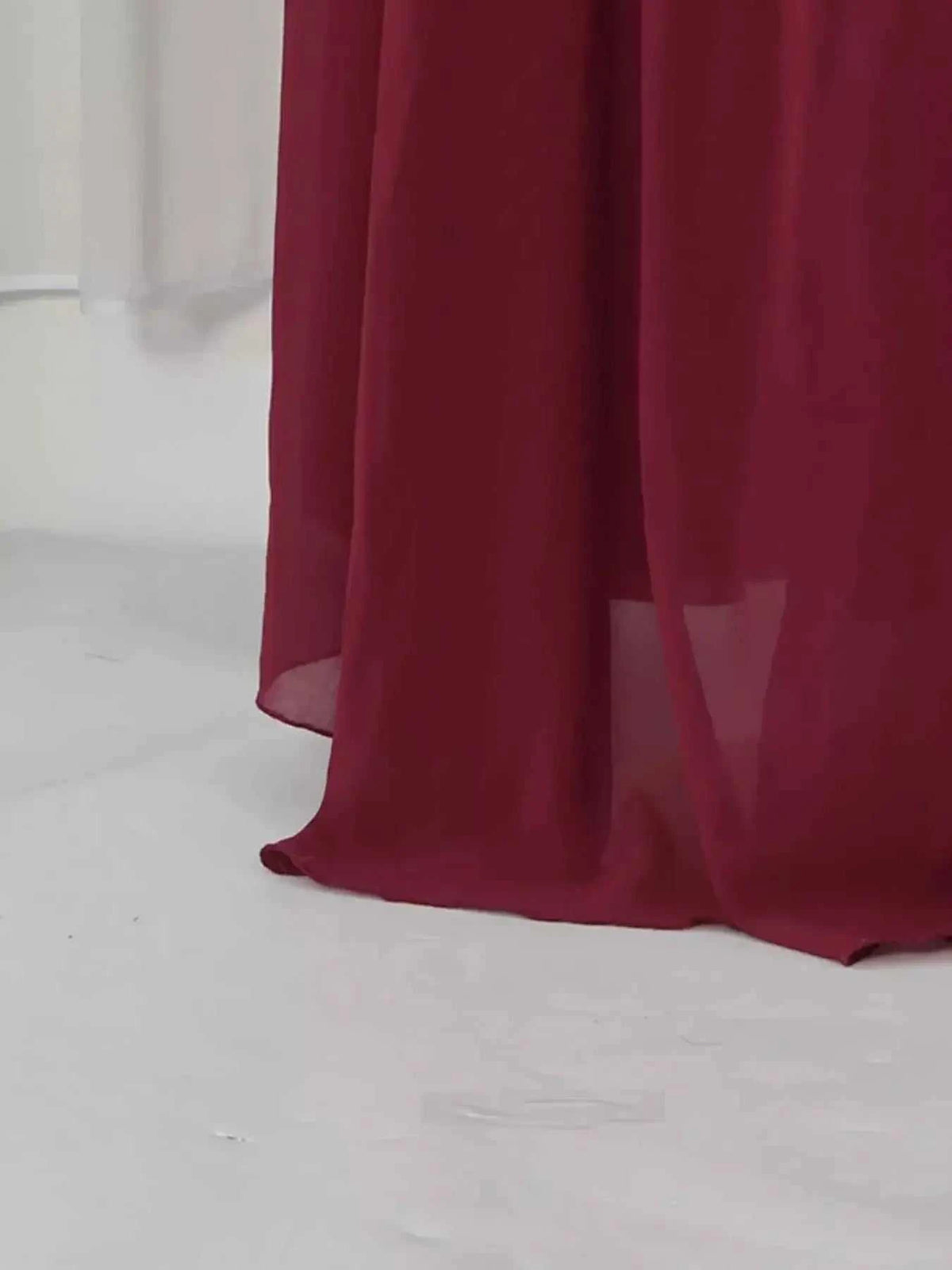 Ruched Halter Neck deep red cape maxi dress with asymmetrical hem and lightweight polyester fabric