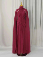 Ruched Halter Neck deep red polyester maxi dress with asymmetrical cape and gathered waist detail