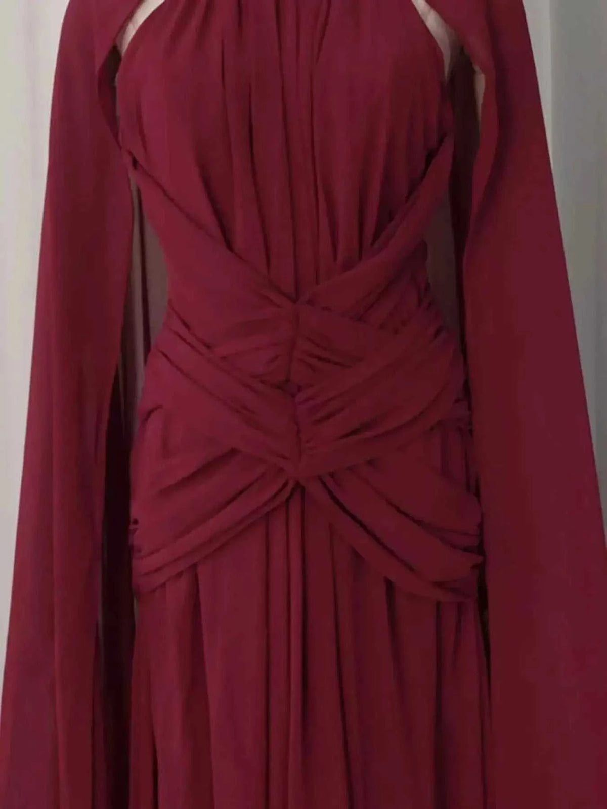 Ruched Halter Neck sleeveless maxi dress in deep red polyester with gathered detailing and asymmetrical design