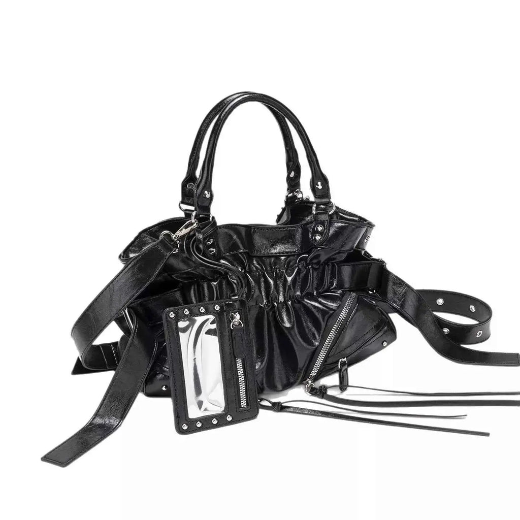 Ruched Leather Crossbody Bag in black PU leather with ruched detailing, dual handles, adjustable strap, and attached clear ID pouch