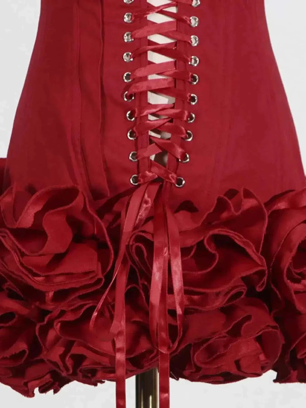 Red polyester Ruffled Hem Tube Mini Dress featuring lace-up front and voluminous ruffled hem detailing