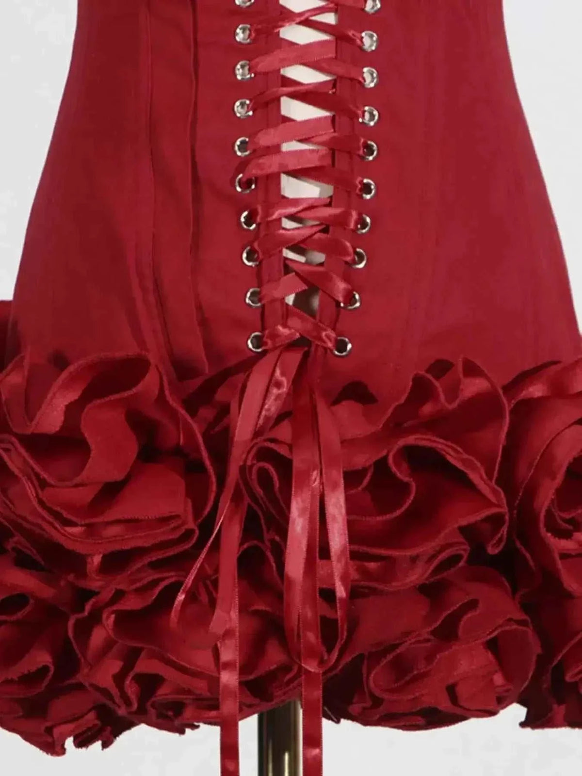 Red polyester Ruffled Hem Tube Mini Dress featuring lace-up front and voluminous ruffled hem detailing