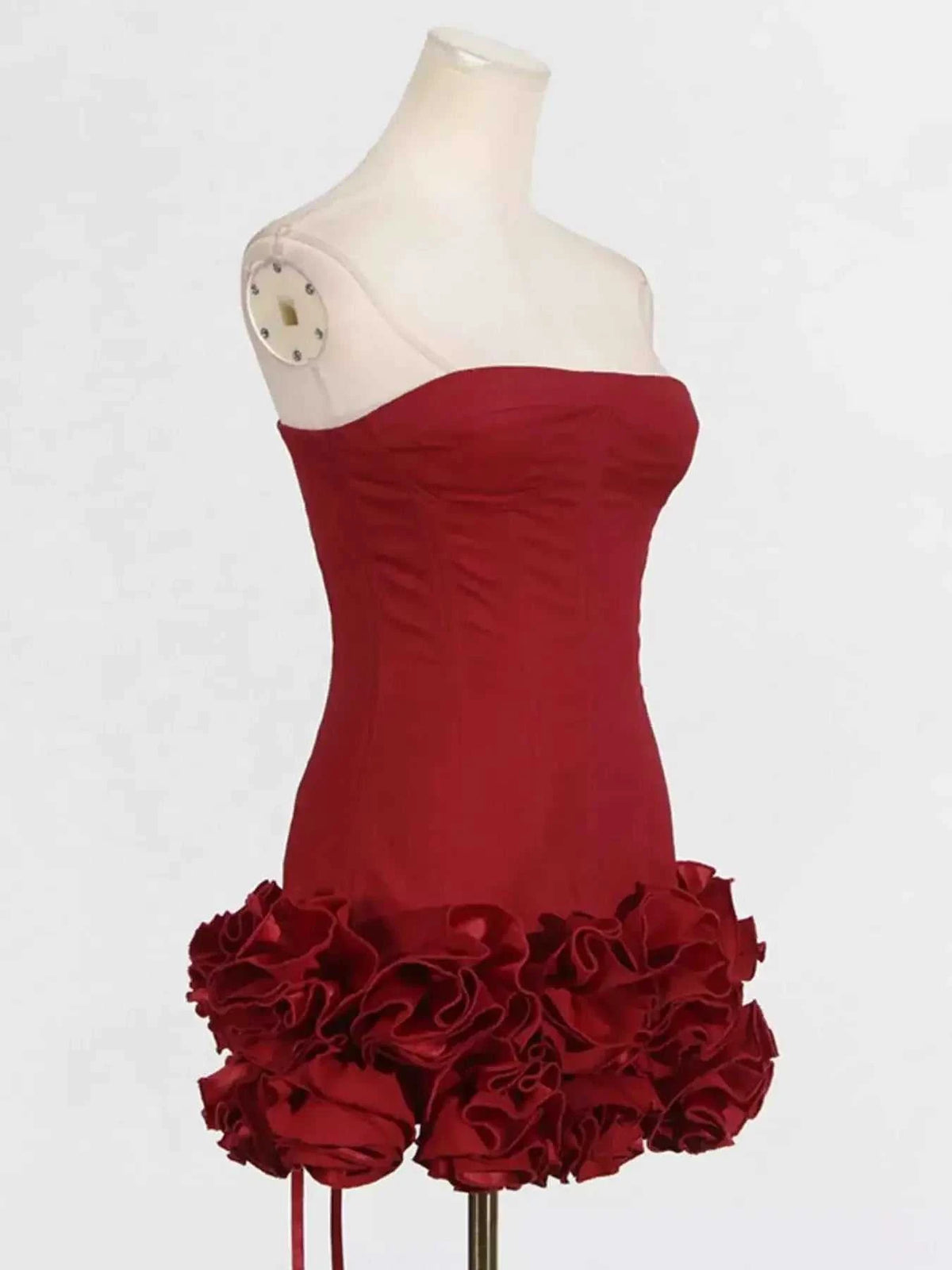 Ruffled Hem Tube Mini Dress in deep red polyester featuring a strapless design and voluminous ruffled hem detailing
