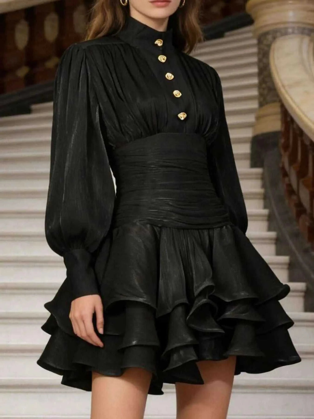 Black Ruffled Layered Lantern Sleeve Mini Dress with buttoned front, tiered ruffles, and ruched waist detail in polyester fabric