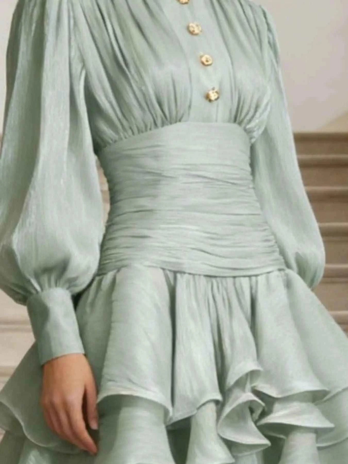 Ruffled Layered Lantern Sleeve Mini Dress in pale green polyester with buttoned ruched bodice and tiered ruffled skirt