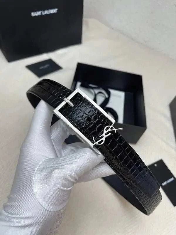 Saint Laurent Classic Monogram Square Buckle Belt Crocodile Embossed Leather - Maven Couture Inc