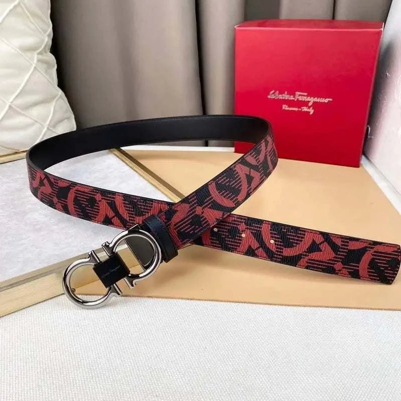 Salvatore Ferragamo Adjustable & Reversible Logo All Over Men Belt 'Red/Black' - Maven Couture Inc