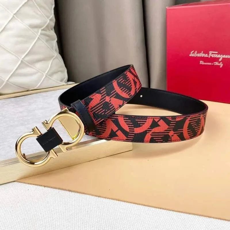 Salvatore Ferragamo Adjustable & Reversible Logo All Over Men Belt 'Red/Black' - Maven Couture Inc