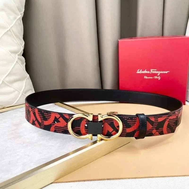 Salvatore Ferragamo Adjustable & Reversible Logo All Over Men Belt 'Red/Black' - Maven Couture Inc