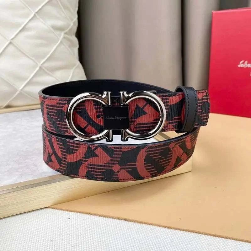 Salvatore Ferragamo Adjustable & Reversible Logo All Over Men Belt 'Red/Black' - Maven Couture Inc
