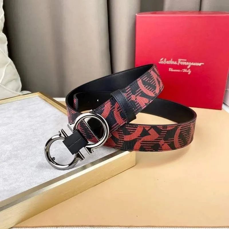 Salvatore Ferragamo Adjustable & Reversible Logo All Over Men Belt 'Red/Black' - Maven Couture Inc